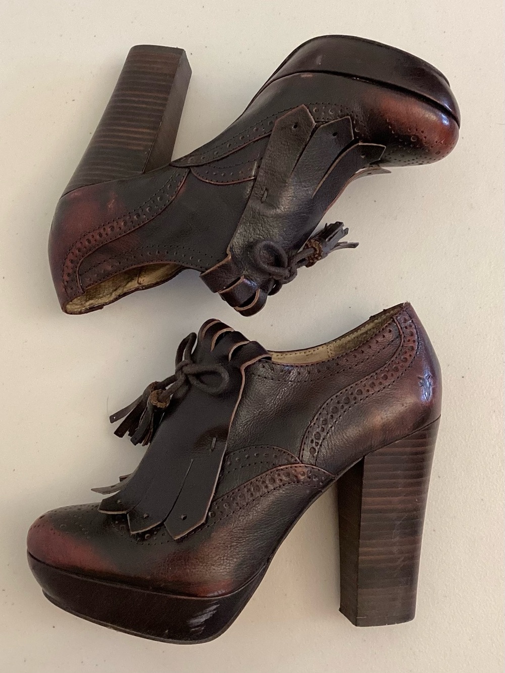 Frye 7 Naiya Kiltie Leather Platform Lace-Up Chunky Heels Women’s Heels Brown